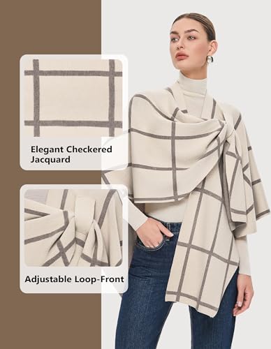 PULI Womens Elegant Cross Front Shawl Wraps Knitted Ponchos Cape Light Weight Poncho Sweater Soft Warm Travel Wraps - color: Classic Check-cream and Oatmeal