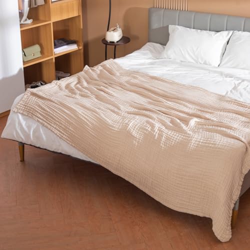 CottCare Cotton Throw Blanket,Large Size 59"x70",Gifts for Women,100% 6 Layer Muslin for Couch Breathable Gauze,All Season Soft and Lightweight Pre-Washed (Light Tan)