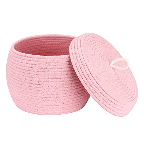 Sea Team Round Cotton Rope Storage Basket with Lid, Decorative Woven Storage Bin, Pot, Caddy, Organizer, Container for Snacks, Towels, Plants, 10 x 7.5 Inches (Small, Pink) - color: Pink, size: Small