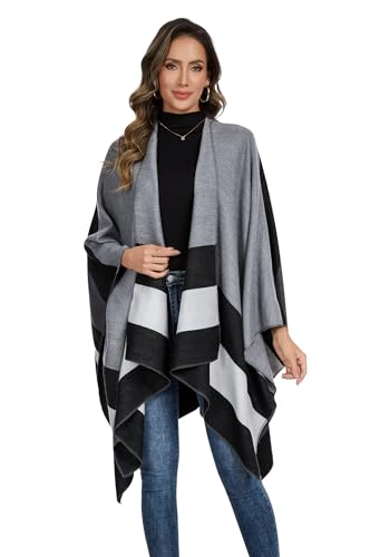 Shawl Wraps for Women, Elegant Knitted Cape Open Front Poncho Scarf Blanket Cardigan Coat for Spring, Autumn, and Winter - color: Gray Black White