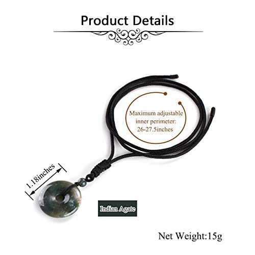 Jovivi 30mm Circle Donut Healing Crystals Necklace Natural Semi-Precious Chakra Gemstone Stone Amulet Lucky Coin Donuts Charm Protection Quartz Reiki Pendant Necklace for Men Women Adjustable Rope - color: Indian Agate