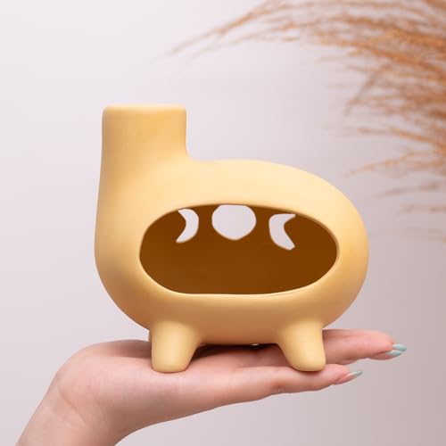 MOUGIGI Elegant Handcrafted Ceramic Palo Santo Burner-Yellow Terracotta Footed Incense Holder for Meditation,Compatible with Wood Sticks,Sage,Ash&Cones-Mini Aromatic Home Altar with Chimney Design - color: Matte Clay - Footed Yellow
