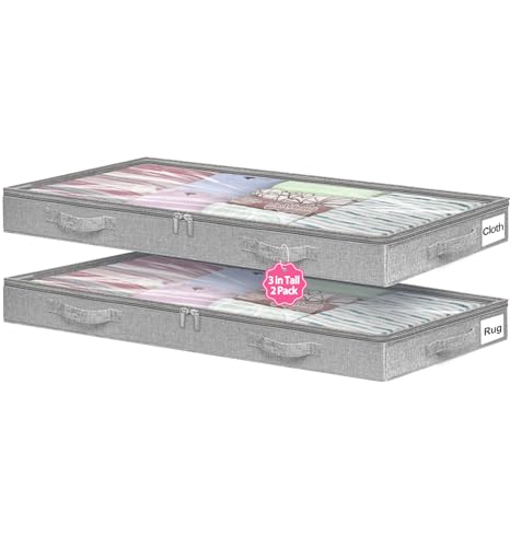 3-Inch High Under Bed Storage Containers, Low Profile Underbed Bins, NO RIGID STRUCTURE, Foldable Clothes Storage Organizer w/Lid & Zipper, Shallow Storage for Low Beds, Couches & Cribs, 2-Pack, Gray - color: Gray-Soft-2pcs, size: 3 Inch