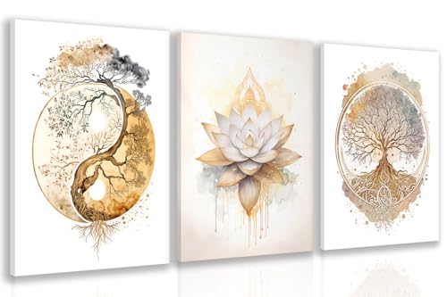 GELDSTEI Tree of Life Wall Art, Calming Zen Wall Decor, Abstract Yin Yang Tree Canvas Painting, Modern Gold Lotus Flower Meditation Poster Print for Living Room Yoga Room Bedroom Framed Set of 3, Each 16x24 Inch - color: White-Gold, size: 24"L x 16"W