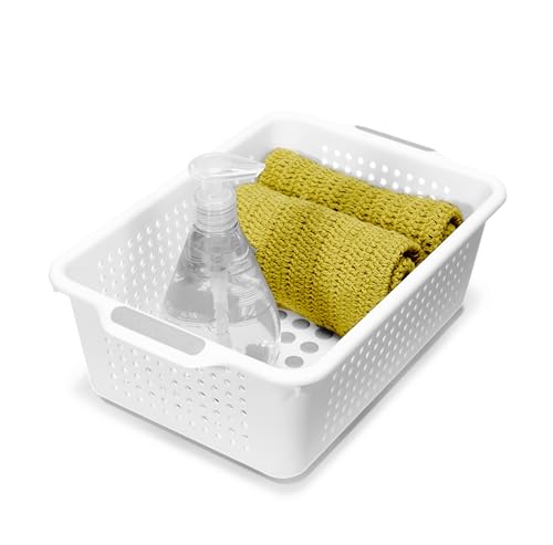 madesmart Small Storage Basket, Multipurpose Organizer with Soft-Grip Handles & Non-Slip Feet, Heavy-Duty Ventilated Design for Laundry, Bath & Kitchen, White, 12 x 8 x 4"