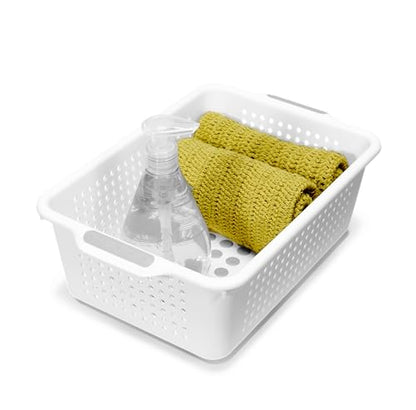 madesmart Small Storage Basket, Multipurpose Organizer with Soft-Grip Handles & Non-Slip Feet, Heavy-Duty Ventilated Design for Laundry, Bath & Kitchen, White, 12 x 8 x 4"