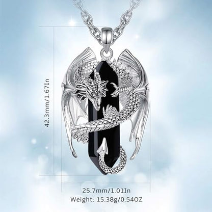 INFUSEU Unique Dragon Necklaces with Healing Crystal Stone for Men Women, Personalized Spiritual Gifts, 24 Inch Chain - color: Black Obsidian