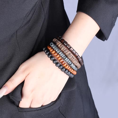 MILAKOO Mens Beaded Bracelets Tribal Wooden Elastic Adjustable Prayer Beads Wrap Cuff for Women - color: A: 6pcs