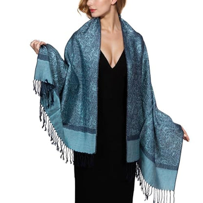 MUQU Women Pashmina Shawls and Wraps Scarf Soft Silky Reversible Paisley Scarves Shawl for Women - color: Blue-c