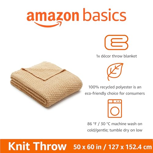 Amazon Basics Chunky Cable Knit Throw Blanket for Couch, Sofa, Bed, Lightweight Soft Cozy, 50" x 60", Sand