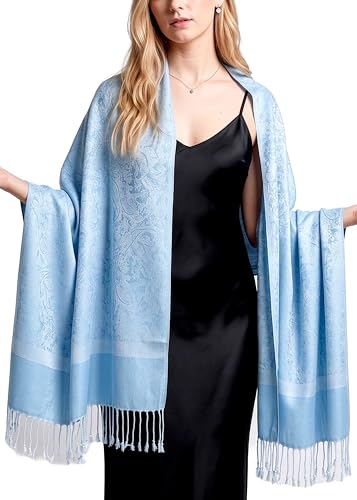 Achillea Two-Tone Vintage Paisley Pashmina Scarf – Lightweight Wrap & Shawl for Dresses, Weddings, Travel, All Seasons - color: Ice Blue