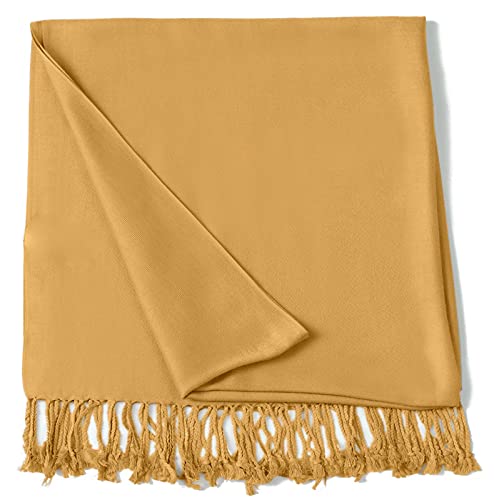 CJ Apparel Solid Color Tassels Design Nepalese Shawl Scarf Wrap Stole Throw Head Wrap Pashmina Gift Hand Made in Nepal New - color: Light Gold Mix