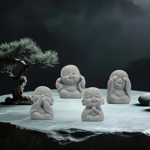 4Pcs Mini Monk Buddha Statues, See Hear Speak Think No Evil Mini Monk Decor, Handcrafted Sandstone Resin Zen Statues for Home Office Desk Car Dashboard, Feng Shui Spiritual Gifts for Peace & Calm