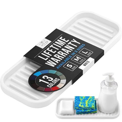Zulay Kitchen (9x3.5) Silicone Sponge Holder for Kitchen Sink - Flexible Multipurpose Soap Tray - Sink Organizer for Kitchen, Bathroom, Makeup, Trinkets & More (White) - color: White, size: Medium (9x3.5)
