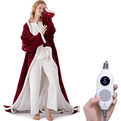 Westinghouse Christmas Electric Snuggle Throw Blankets with Foot Pocket, Wearable Heated Blanket with Sleeves, 6 Heating Levels & 2 to 10 Hours Heating Time Settings, 50 * 70"+18", Red - color: Christmas Red&ivory, size: 70*50" Heated Snuggle Blanket