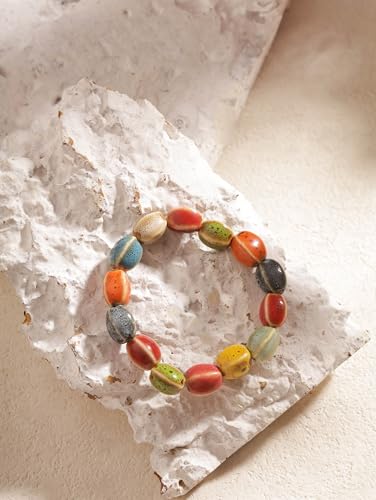 MINACHI Boho Hippie Colorful Ceramic Beads Strand Stretch Bracelet, Bohemian Summer Beach Jewelry Gift for Women - color: S06