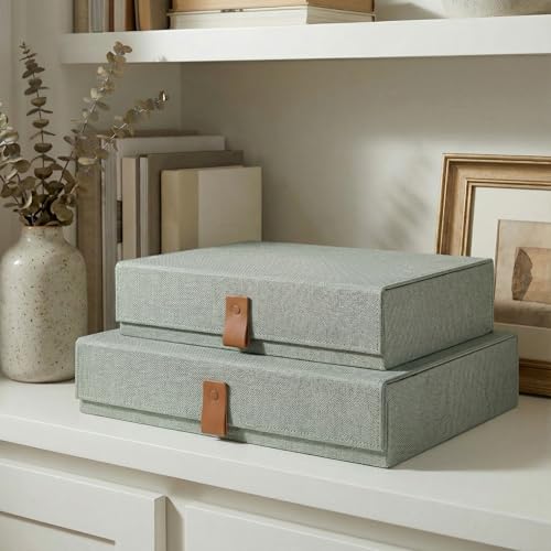 ZICOTO Decorative Photo Storage Boxes with Lids - Set of 2 Beautiful Linen Organizers Are Perfect to Safely Store Your Pictures, Documents, Scrapbooking Supplies, Keepsakes and Other Memories in Style - color: Sage