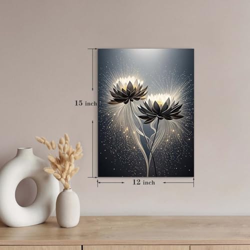 ketilly Black Lotus Canvas Print- Mystic Zen Wall Art with Gold Dust Effect, Modern Abstract Painting, Celestial Artwork for Living Room, Bedroom, Meditation Space 12''x15''