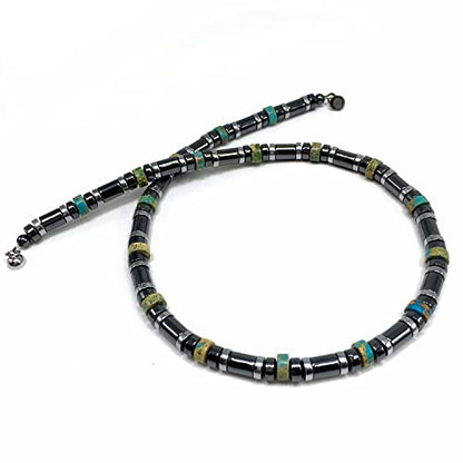 Healing Stress Anxiety Meditation Grounding Energy Gemstone Necklace Series - color: Turquoise & Hematite -6 mm- Stone Tube Beads