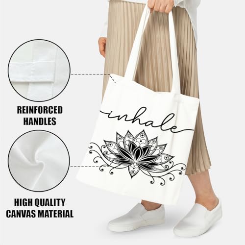 Inhale Exhale Tote Bag Gifts for Women Girl Yoga Lover Meditation Gift, Lotus Flower Zen Canvas Tote Bag Double-Sided Print Bags