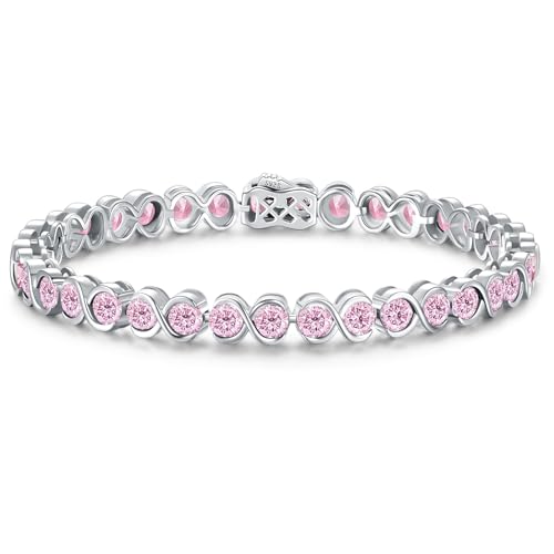 Birthstone Bracelets for Women, Sterling Silver 7 Inch Infinity Tennis Bracelet, Wedding Anniversary Birthday Jewelry Gifts for Women Wife Girlfriend Mom Her - color: 10-Oct-Pink Tourmaline