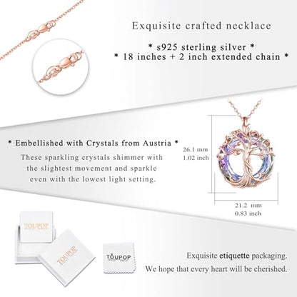 TOUPOP Tree of Life Necklace Gifts for Women 925 Sterling Silver Family Tree Pendant with Crystal Birthday Irish Jewelry Gifts for Women Her Wife Mom - color: 02-Rose Gold-Purple Crystal