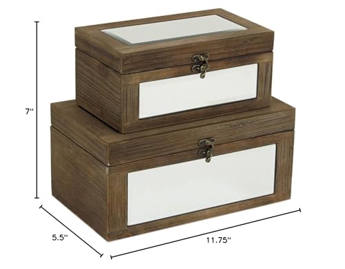 Set of 2 Brown Mirrored Wood Storage Box, 11.75" L x 7" W x 5.5" H