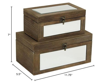 Set of 2 Brown Mirrored Wood Storage Box, 11.75" L x 7" W x 5.5" H