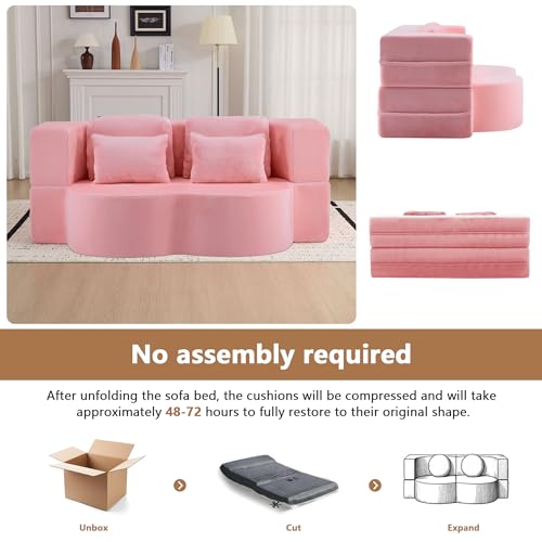 2-in-1 Folding Sofa Bed with Pillow, No Assembly Futon Twin Size Sofa Bed, Breathable Velvet Convertible Couch Bed for Living Room and Guest Room, 78.7 Inch, Pink - color: Pink-78.7", size: 2 seat