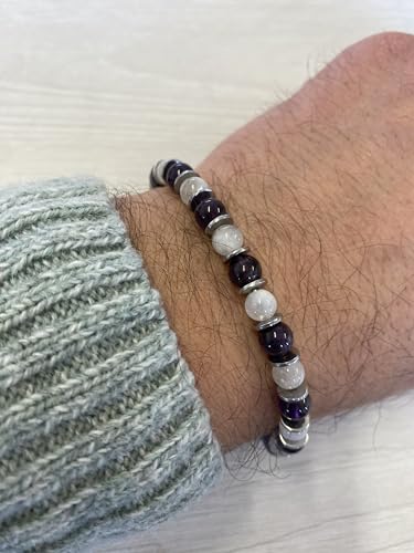 Beaded Bracelet for Men and Women – Natural Gemstone and Stainless Steel – Adjustable, Durable and Elegant – Made in Italy - color: Amethyst - Moonstone