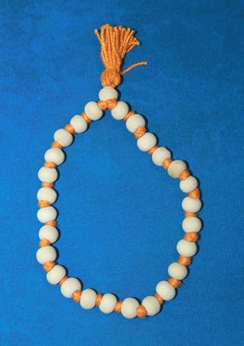 White Tulsi Beads Sumarni Mala (Bracelet) 27+1, 8MM Beads Mala Rosray, Tulsi Sumrni Mala, for Meditation and Spiritual Practice (Orange Thread)