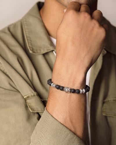 Men’s Beaded Bracelet Natural Stone – Adjustable Lava Rock Bracelet for Men, Handmade Stretch Bracelet, Minimalist Jewelry Gift for Him Husband Boyfriend