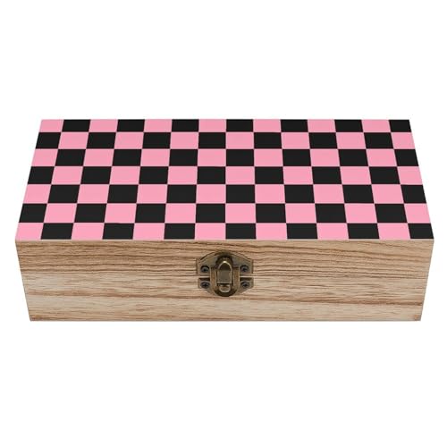 Pink Black Checkered Wooden Storage Box (7.9" X 3.9" X 2.3"),Vintage Wooden Jewelry Box with Hinged Lid Natural Wood Keepsake Storage Boxes, Decorative Rustic Organizer for Home Decor Crafts Rings Gif - color: Pink Black Checkered