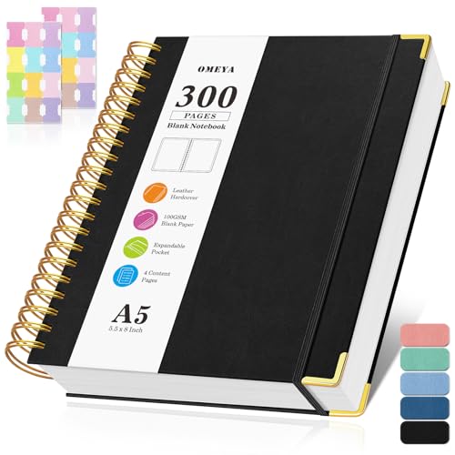 Blank Spiral Notebook: Leather Sketch Book, 300 Pages Hardcover Unlined Notebook for Women Men,100GSM Thick No Bleed Paper Journal, A5 Small Art Sketchbook for Drawing Writing Work, 5.5" x 8", Black - color: Black, size: A5