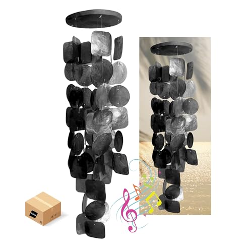 Bellaa 24995 Wind Chimes Outdoor, Garden Decorations, Musical, Indoor/Outside Windchimes, Beach, Ocean Breeze, Gifts for Mom, Gift for All Occasions, Capiz Sea Glass Shells Wood 27 inch Black - color: W Black