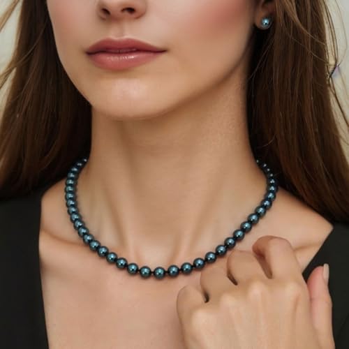 Tahitian Cultured Black Pearl Necklace & Earrings Set | 7.5-8mm Round Exotic Pearls with 925 Sterling Silver Clasp | Luxury Jewelry Gift for Wife/Mom/Girlfriend, 18"+2" Extender - color: Necklace & Earrings