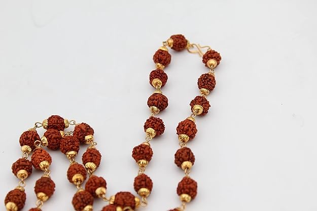 The Great Indian Store Original Rudraksha Mala, Golden Om Trishul Damru Pendant, Religious Locket for Men and Women Pack of 1