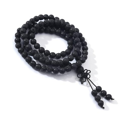 108 Mala Prayer Beads Bracelet 6mm Genuine Gemstone Healing Crystal Stone Beaded Bracelet Buddhist Tibetan Handmade Knotted Elastic Necklace for Yoga Meditation Unisex Women Men - color: Black Lava