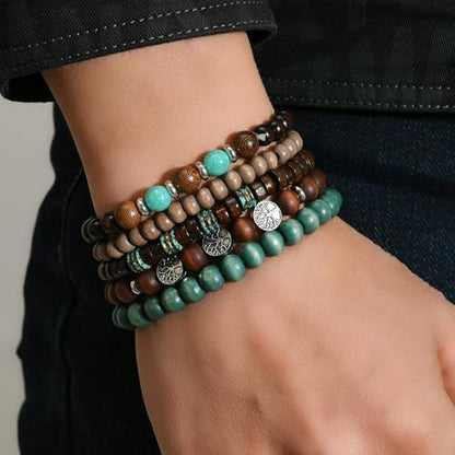 Boho Beaded Bracelet Set for Women Men Tree of Life Wood & Stone Stretch Bracelets Stackable Adjustable Unisex Jewelry Gift