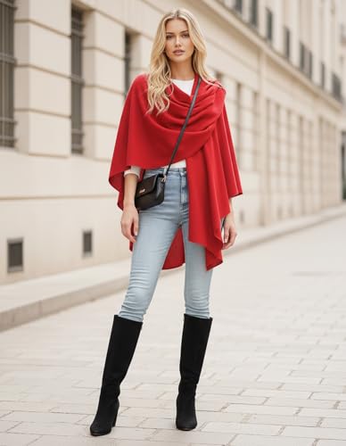 Womens Open Front Poncho Sweater Wrap Topper Knitted Elegant Shawls Cape for Spring Fall Winter - color: Series 1-red