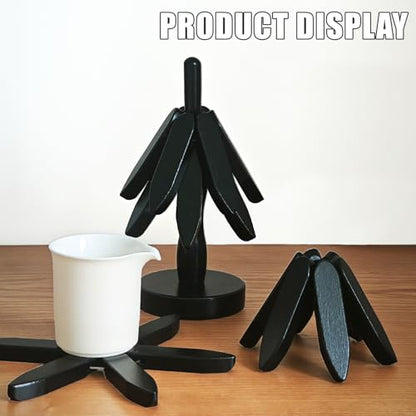 Natural Foldable Black Walnut Wooden Trivet Set - 4 Trivets + 1 Stand for Hot Dishes, Pot, Bowl, Teapot, Hot Pot Holders (White ﻿) - color: White ﻿