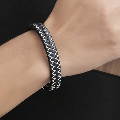 Men's Leather Bracelet, Stackable Stainless Steel Clasp Bracelets for Men Stylish Birthday, Thanksgiving, Valentine's Day Gift for My Man - style: 8" Black and White