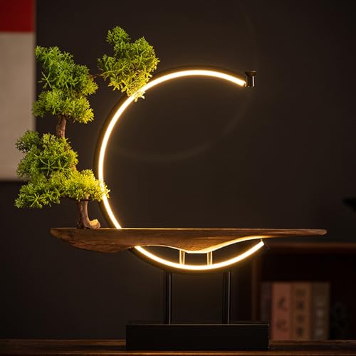 Wooden Buddha Altar Table with Green Artificial Tree and LED Circle Table Lamp, Tabletop Desktop Zen Decor with Spacious Wooden Tray, Small Buddha Statue Base for Decor(B) - color: B