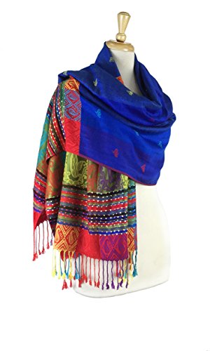 PASKMLNA Double Side Multi Colors Silky Tropical Colorful Exotic Pashmina Wrap Shawl Scarf Rave - color: #2royal Blue