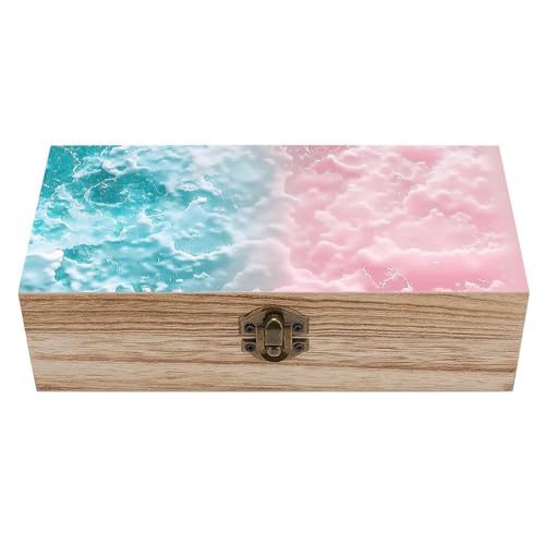 Pastel Clouds Wooden Storage Box with Hinged Lock,Decorative Handmade Keepsake Jewelry Chest, Elegant Retro Decor Boxes, Compact Organizer Box for Home, Wedding, Gifts