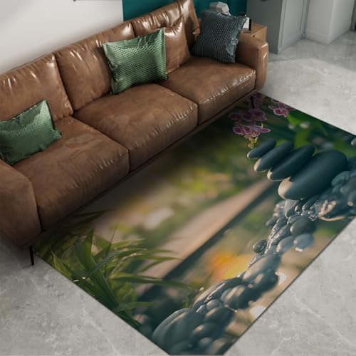 Spa Stone Area Rug Washable Non Slip Oriental Flowers Bamboo Green Rugs for Meditation Room Soft Indoor Natural Decor Carpet 4'7" x 6'7" - size: 4'7" x 6'7" (Rectangular)