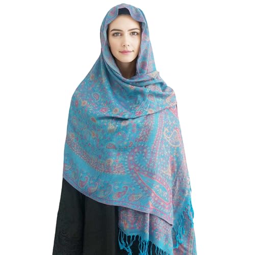 Paisley Pashmina Rave Shawl Scarf-Women's Reversible Ethnic Jacquard Pashmina Wraps for Travel - color: C#.blue