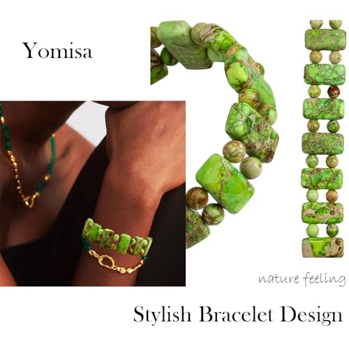 Yomisa Boho Beaded Bracelets for Women,Natural Chakra Turquoise Stone Jasper Bead Bracelet for Womens,Bohemian Handmade Stretch Beads Friendship Bracelets,Healing Trendy Western Jewelry Gifts - color: Green Imperial Stone Bead