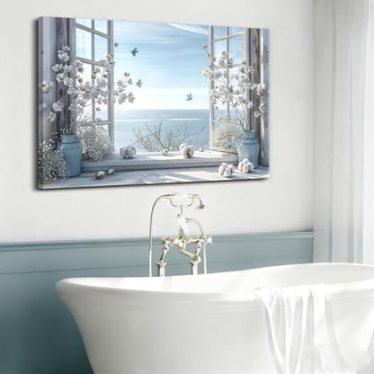Coastal Flower Bathroom Canvas Wall Art Farmhouse Cotton Bouquet and Butterfly Bathroom on Window Wall Decor Rustic Blue Beach Butterfly Poster Print for Living Room Bedroom Restroom Home Decoration - size: 16"L x 12"W