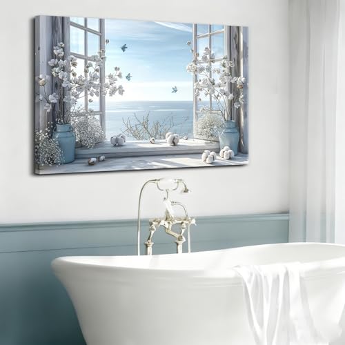 Coastal Flower Bathroom Canvas Wall Art Farmhouse Cotton Bouquet and Butterfly Bathroom on Window Wall Decor Rustic Blue Beach Butterfly Poster Print for Living Room Bedroom Restroom Home Decoration - size: 24"L x 16"W